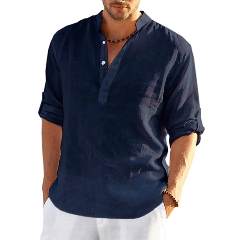 Solid Color 3D Printed Henley Shirts Men's Fashion Streetwear Oversized Stand Collar Long Sleeve Shirt Tops Blouse Man Clothing