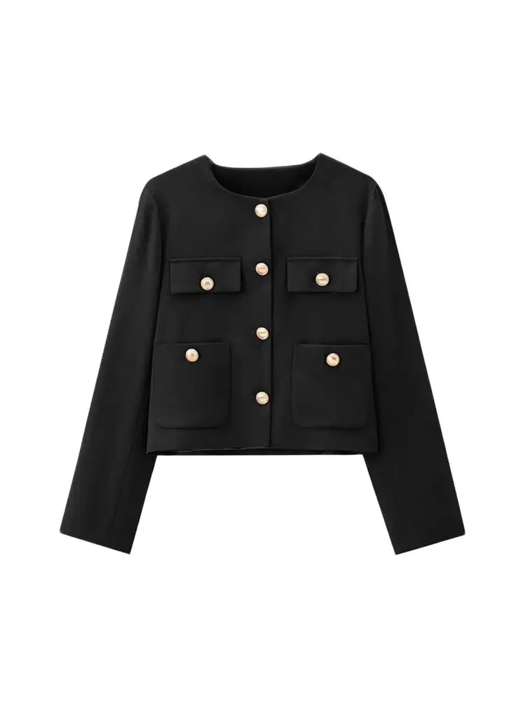 Cropped Jacket with Golden Buttons for Women, O Neck, Long Sleeve, Female Outerwear, Chic Tops, Fashion