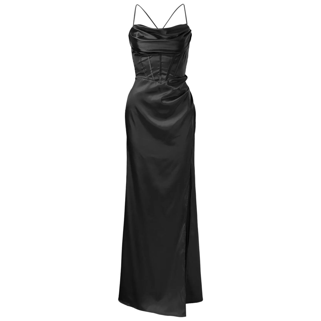 Women Sexy Satin Corset Maxi Dress Silky Strap Push Up Fishbone Ruched Evening Party Long Dresses Chic Elegant A-Line Dress