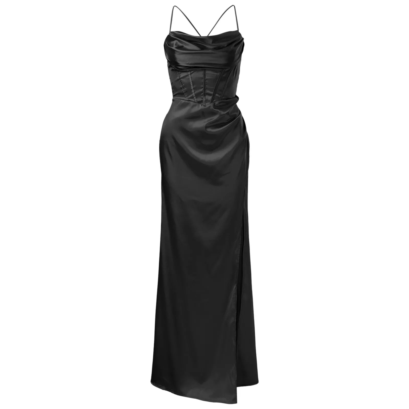 Women Sexy Satin Corset Maxi Dress Silky Strap Push Up Fishbone Ruched Evening Party Long Dresses Chic Elegant A-Line Dress