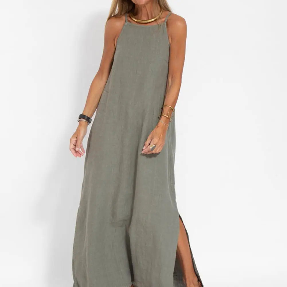 2025 Lady Strappy Maxi Dress A-line Vest Type Ankle Length Summer Beach Dress Loose Casual O Neck Side Split Summer Long Dress