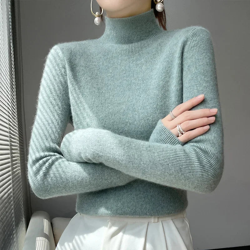 Autumn Winter Women Sweater Slim Fit Bottoming Shirt Basic Knitted Tops Black Long Sleeve Mock Neck Pullovers Strecth Innerwears