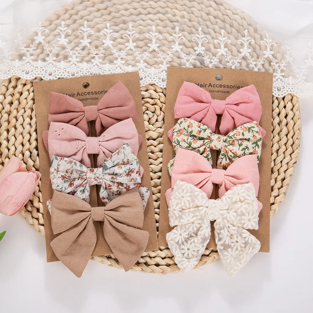 4Pcs/Set Baby Girls Hair Bows Clips Linen Cotton Ponytail Hairpins Plaid Flower Dot Printed Korean Ins Hairgrips Kids Headwear