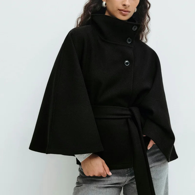 Elegant vintage Cape Coat Fashion Loose Stand Neck Belt Single Breasted Female Streetwear 2025 Autumn Winter Casual Lady Outwear