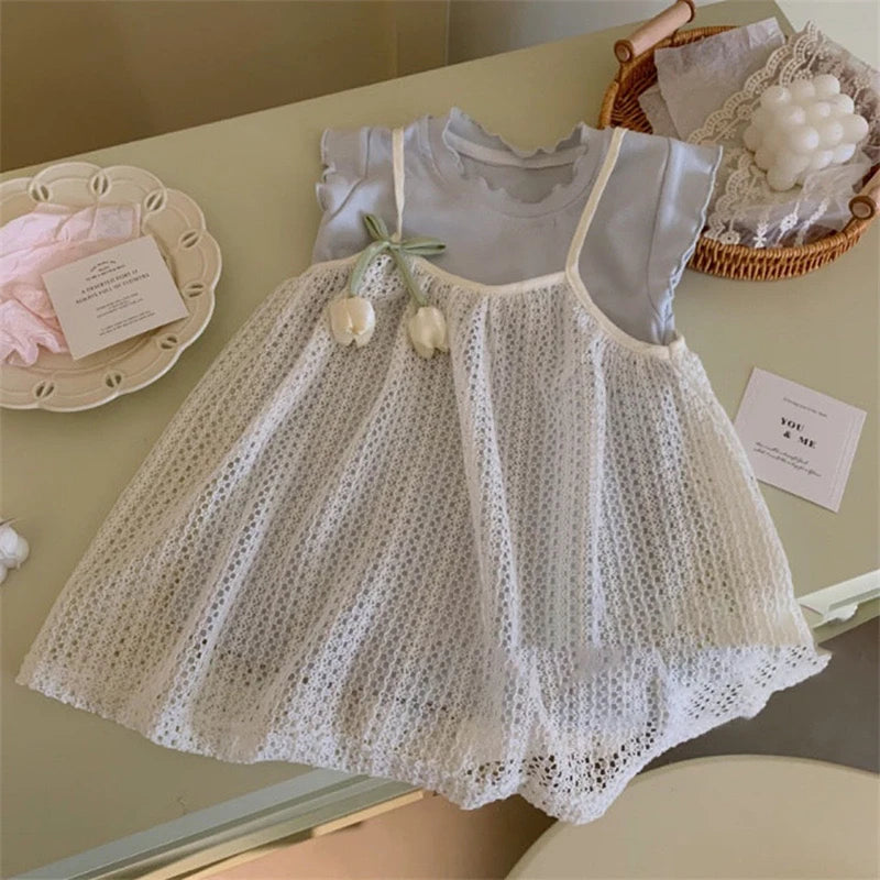 Children's Clothing 2026 Blue Clothing+Camisole Skirt set Summer Sweet Tulip Vest Knitted Skirt Korean Version Baby Set Stylish