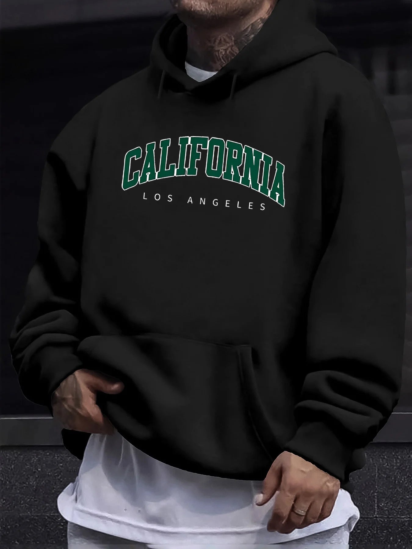 Men's autumn and winter casual fashion loose hooded sweatshirt California Los Angeles letter printed long sleeved warm pullover
