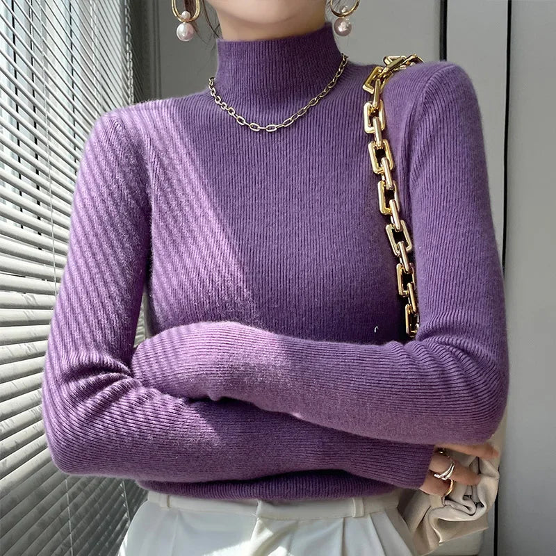 Autumn Winter Women Sweater Slim Fit Bottoming Shirt Basic Knitted Tops Black Long Sleeve Mock Neck Pullovers Strecth Innerwears