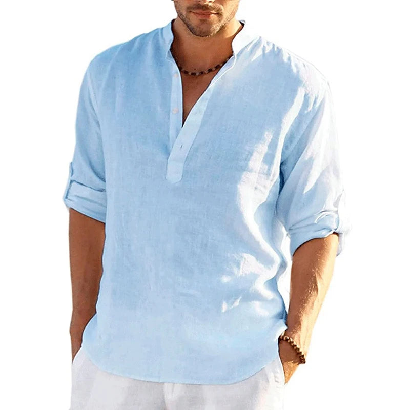 Solid Color 3D Printed Henley Shirts Men's Fashion Streetwear Oversized Stand Collar Long Sleeve Shirt Tops Blouse Man Clothing