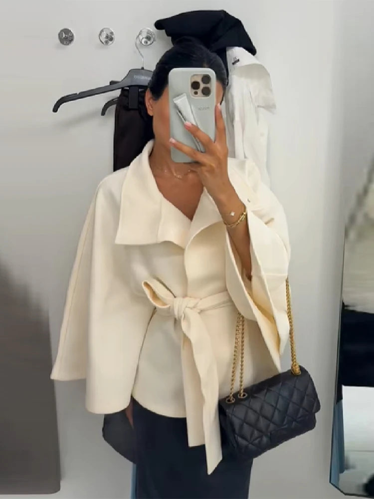 Elegant vintage Cape Coat Fashion Loose Stand Neck Belt Single Breasted Female Streetwear 2025 Autumn Winter Casual Lady Outwear