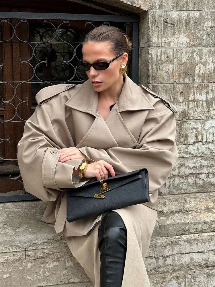 Solid Color Lace Up Windbreaker Women Fashion Long Sleeve Wide Shoulder Short Loose Jacket New Autumn Commuting Street Outerwear