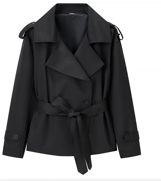 Solid Color Lace Up Windbreaker Women Fashion Long Sleeve Wide Shoulder Short Loose Jacket New Autumn Commuting Street Outerwear