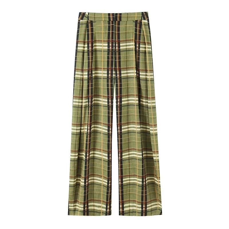 MUJER Plaid Baggy Pants Woman Casual Wide Leg Pants for Women Mid Waist Oversize Women's Pants Vintage Pleated Trousers Womens
