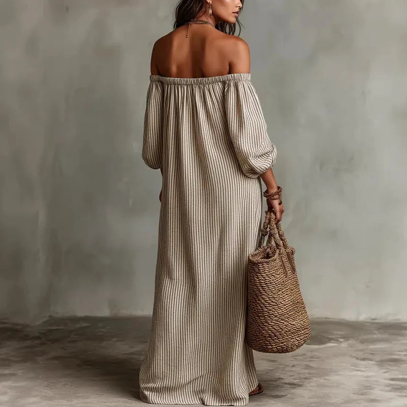 Spring Summer Beach Vacation Maxi Dress Woman Sexy Off Shoulder Puff Sleeve Long Dresses Vintage Striped Print Pocket Boho Dress
