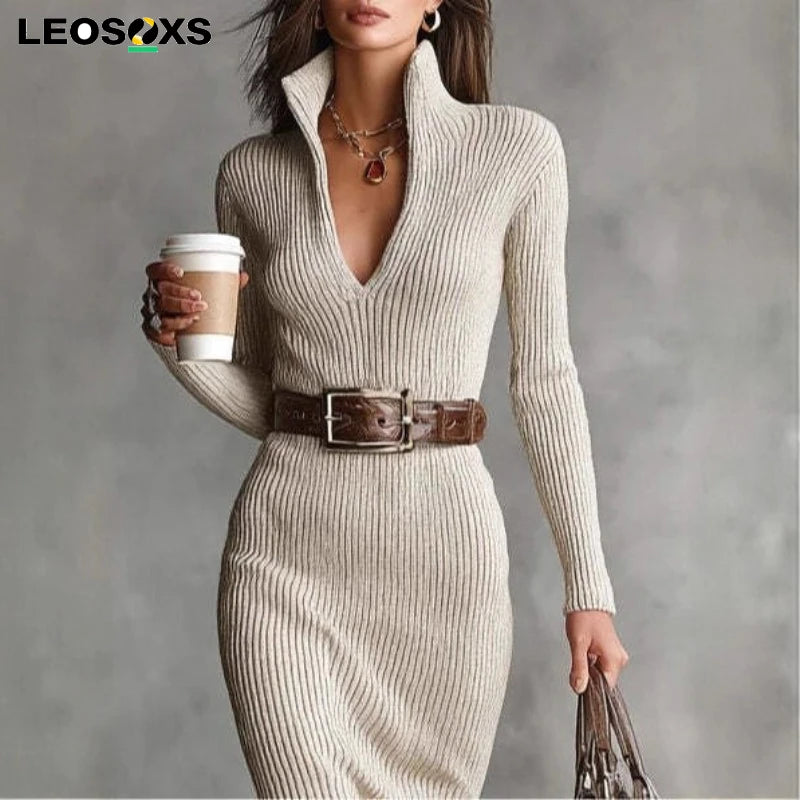 Women's Fashion Elegant Casual Turtleneck Patchwork Maxi Dress Long Sleeve Autumn Winter Simple Party Streetwear Solid 2025 New