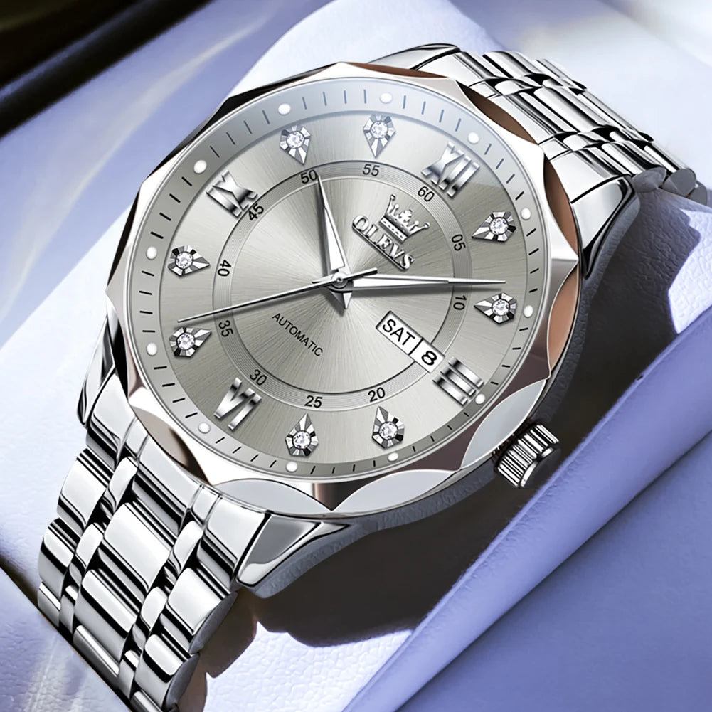 OLEVS 6727 Men's Watches Business Fashion Original Automatic Mechanical Watch for Man Grey Double Scale Waterproof Luminous Date