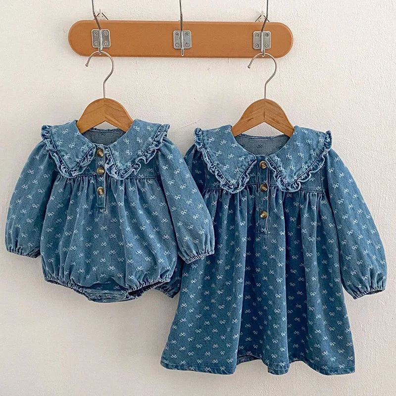 2025 New Spring Sister Clothes 0-4 Yrs Baby Girl Party Dress Baby Girl Romper Long Sleeved Denim Print Kids Princess Dresses