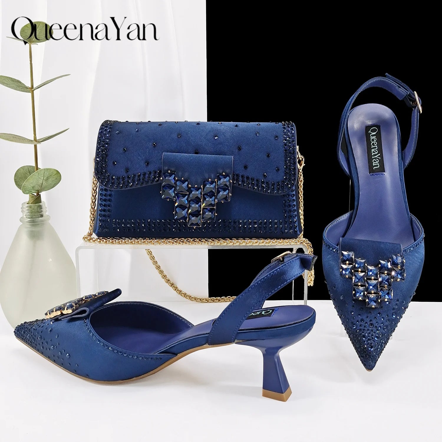 Queen Yan Green Color Rhinestone Comfortable high heel shoe And Bag Fashion Style Pointed-Toe Shoes For Women Or Commuting Shoes
