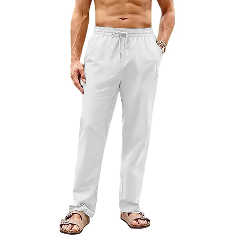 Men's Cotton Linen Long Pants Elastic Waist Drawstring Casual Trouser Straight Legs Beach Style Lightweight Breathable Pants