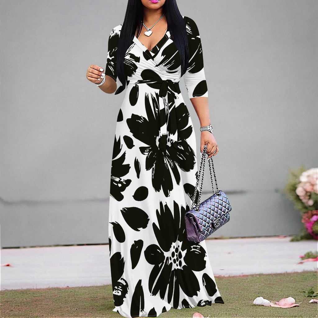 3/4 Sleeve V Neck Maxi Dress For Women With Pocket and Belt