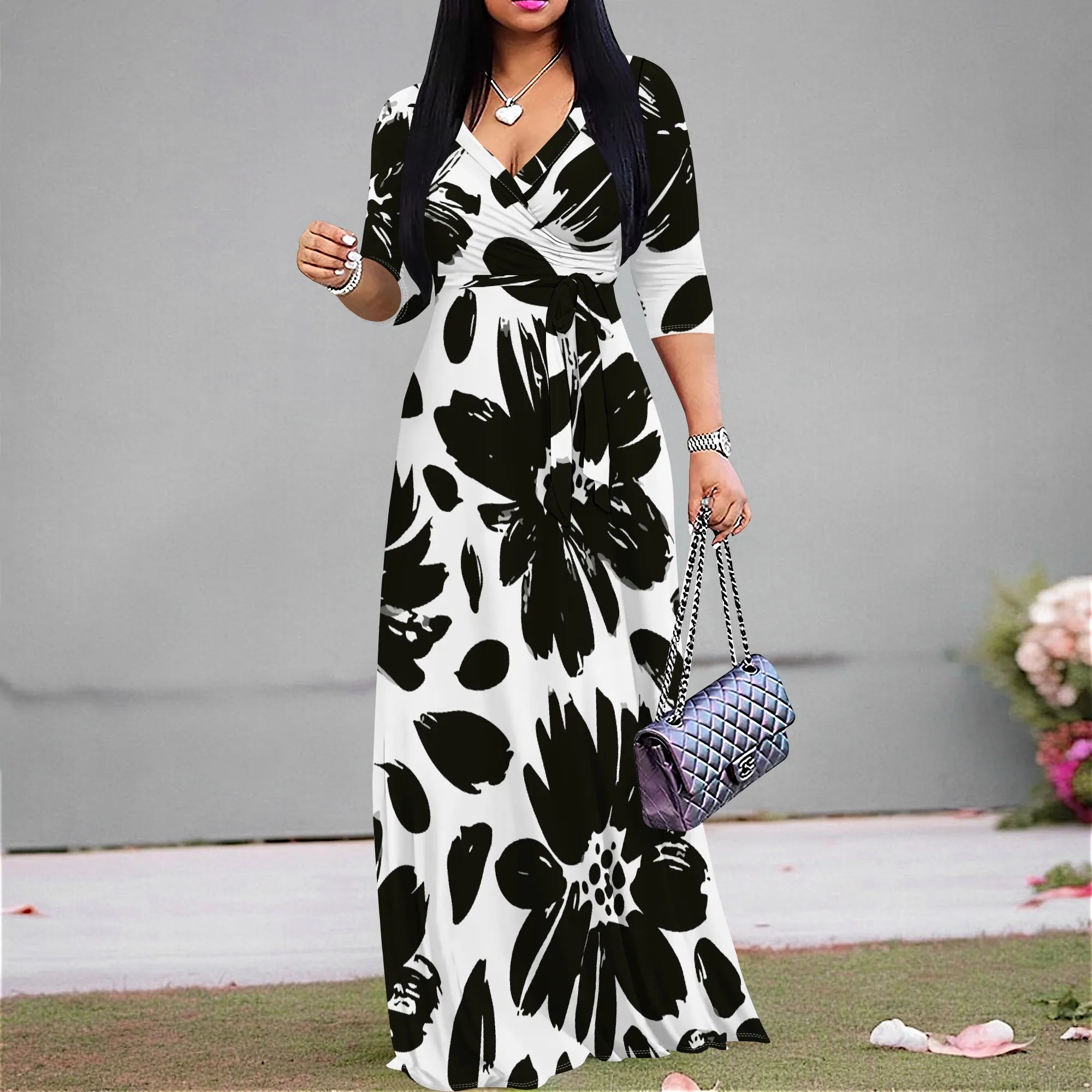 3/4 Sleeve V Neck Maxi Dress For Women With Pocket and Belt