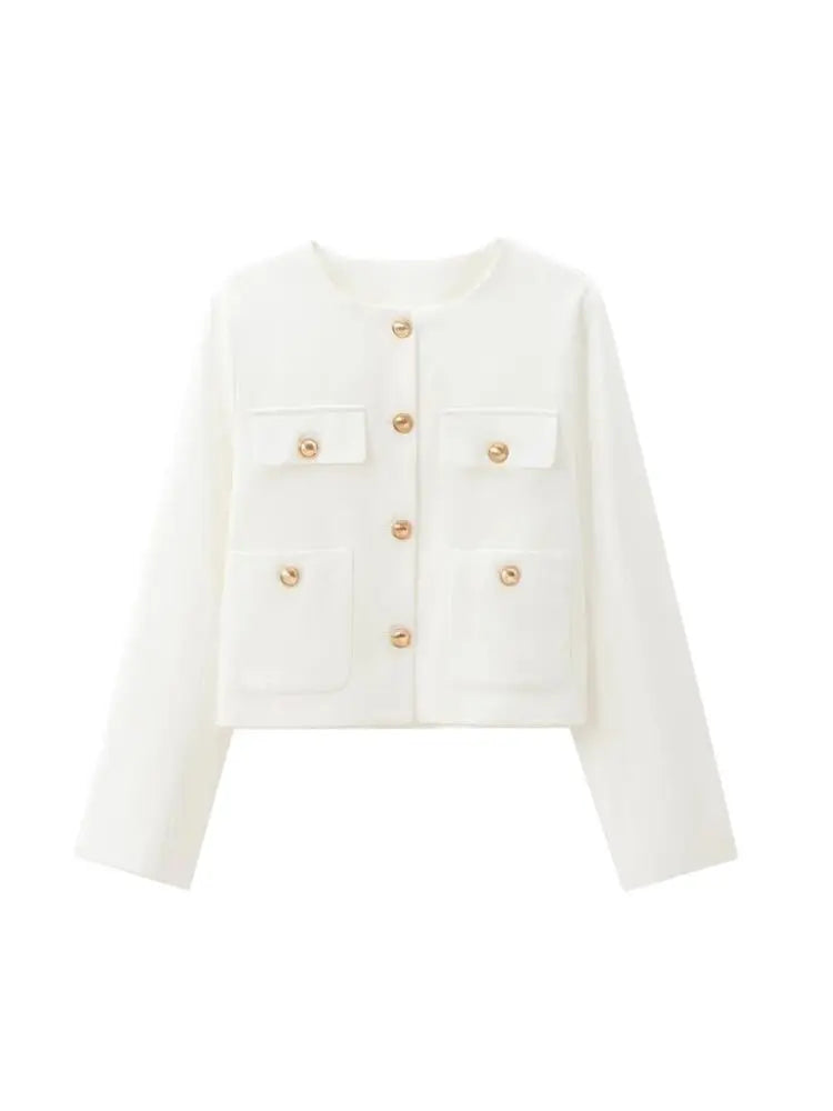 Cropped Jacket with Golden Buttons for Women, O Neck, Long Sleeve, Female Outerwear, Chic Tops, Fashion