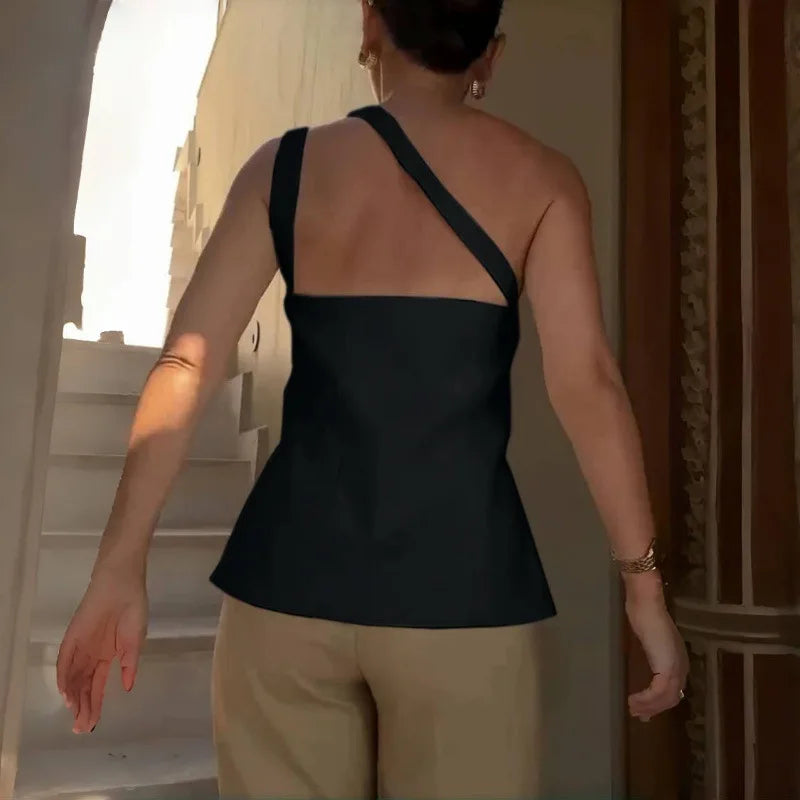 Cryptographic Elegant Asymmetrical Top with Hook and Eye Fashion Sexy Cut Out Backless Split Tops Slim Vest Summer Clothes
