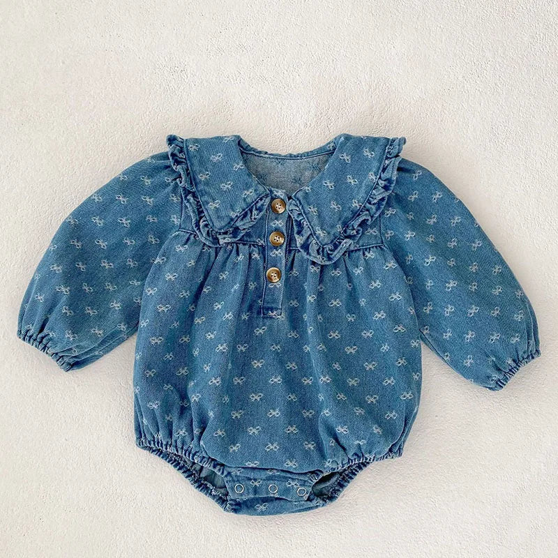 2025 New Spring Sister Clothes 0-4 Yrs Baby Girl Party Dress Baby Girl Romper Long Sleeved Denim Print Kids Princess Dresses