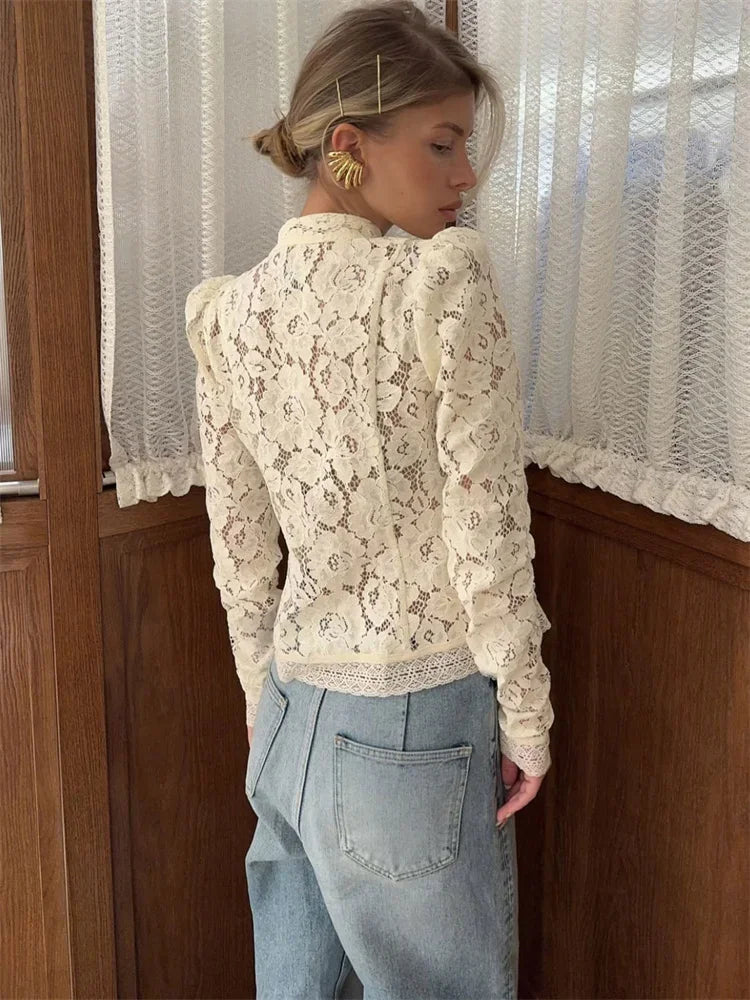 White Lace Printed Shirts Tops Women Full Sleeve Hollow Out Single Breasted Patchwork Blouse 2026 Lady Fashion Shrug Shirts New