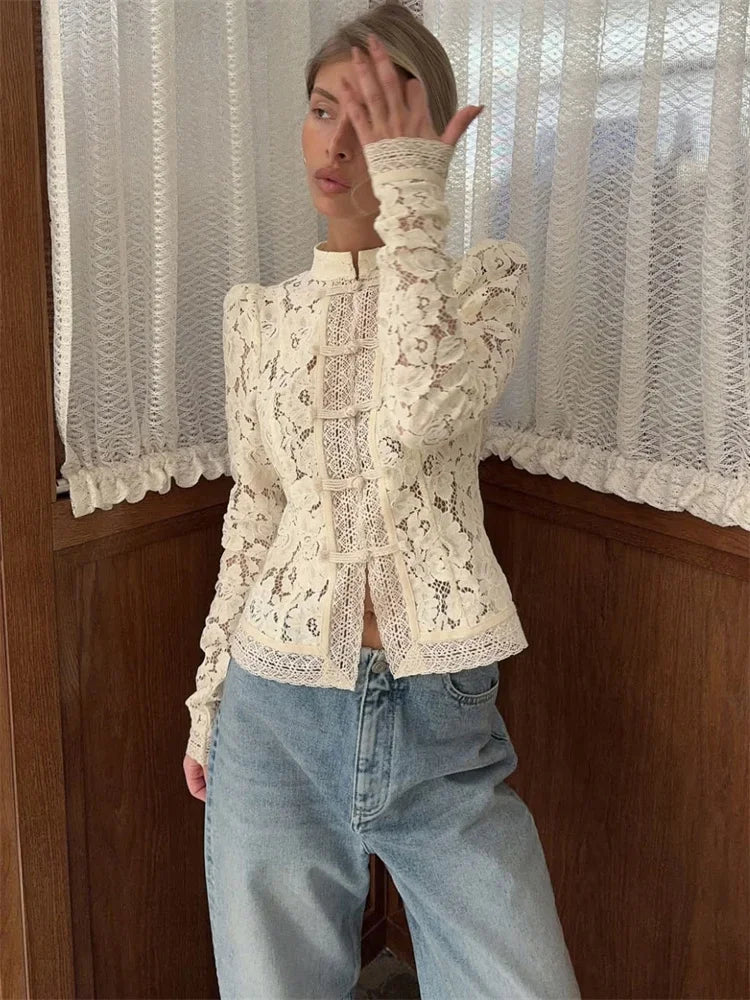 White Lace Printed Shirts Tops Women Full Sleeve Hollow Out Single Breasted Patchwork Blouse 2026 Lady Fashion Shrug Shirts New