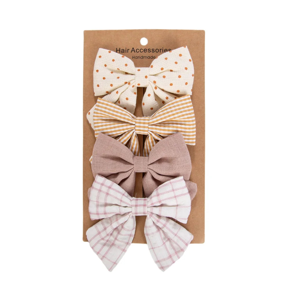 4Pcs/Set Baby Girls Hair Bows Clips Linen Cotton Ponytail Hairpins Plaid Flower Dot Printed Korean Ins Hairgrips Kids Headwear