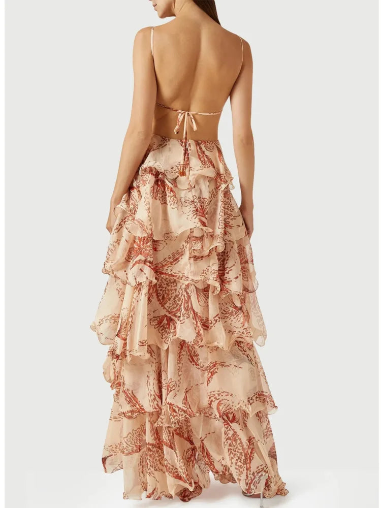 DFDG Women's 2025 Spring Summer Boho Maxi Dress Sling V-Neck Floral Print Layered Ruffle Butterfly Casual Vacation Flowy Dress