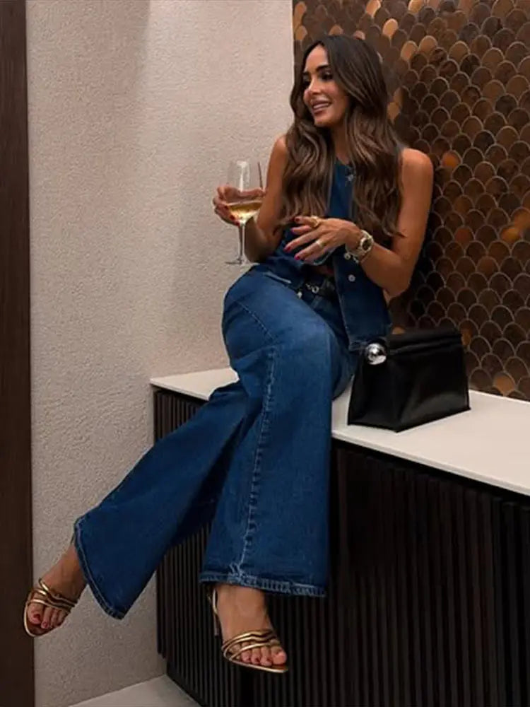 Elegant Women's Suits Denim Sleeveless Irregular Short Vest Wide Legs Long Jeans 2025 Autumn Street Fashion Ladies Pants Sets