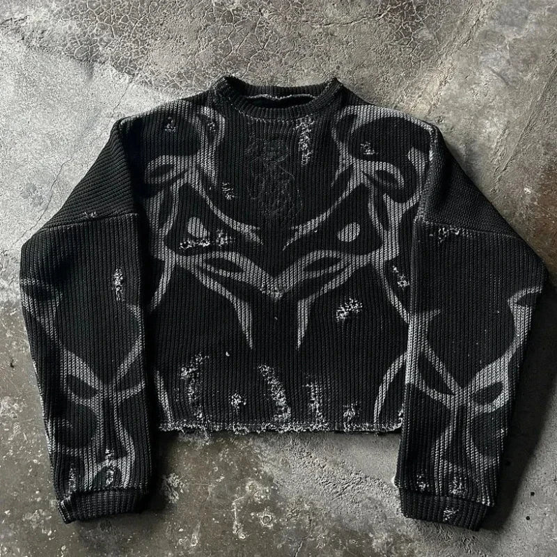 European and American embroidered round sweater men's street design jacquard loose sweater Y2K vintage classic street clothing