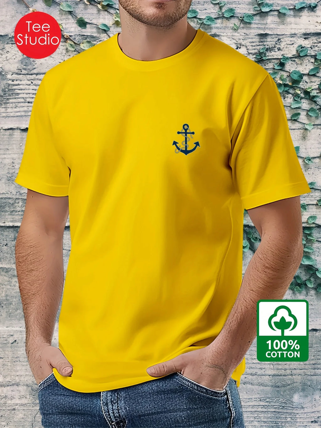 Men's 100% pure cotton fashionable casual loose boat anchor pattern printed round neck short sleeved T-shirt top