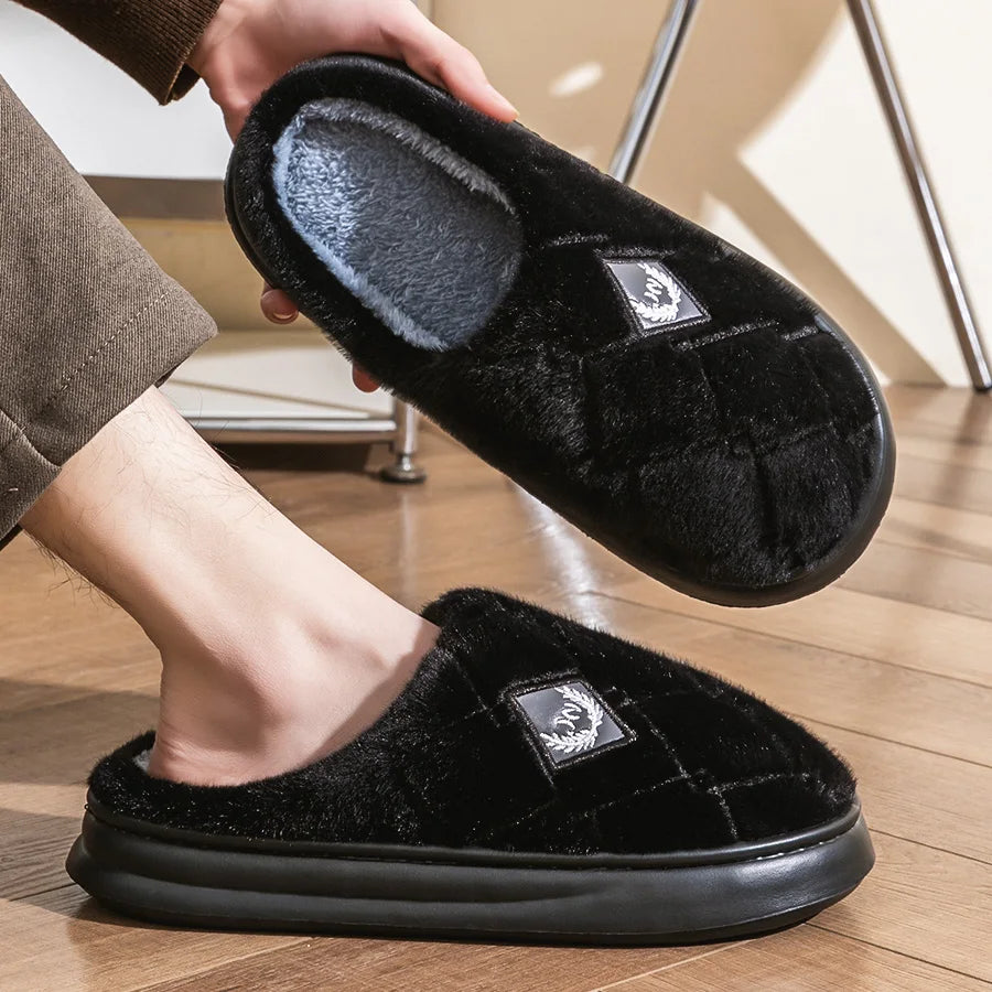 Pmoiste Fur Slippers Men Home EVA Platform Cushion Warm Soft Designer Living Room Shoes Cozy Non-slip High Quality Indoor