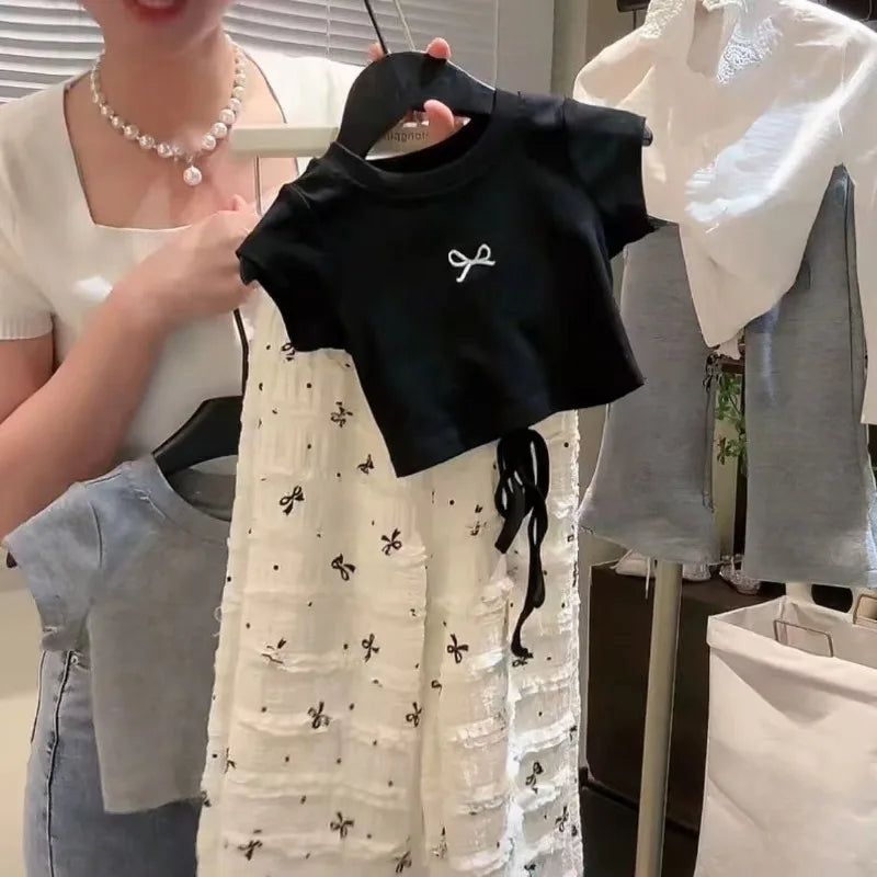 2-8Y Girls' Short Sleeve Shirt Children's 2025 Summer Dress New Style T-shirt Korean Bow Tops Wide Leg Pants Baby Summer Clothes