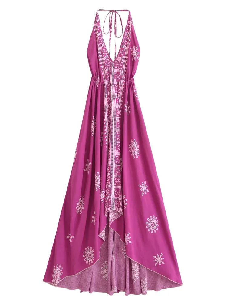 Vintage Women Floral Print Backless Sexy Beach Bohemian Maxi Dress Lady High-Low Tassel Strapless Vacation Summer Boho Dress