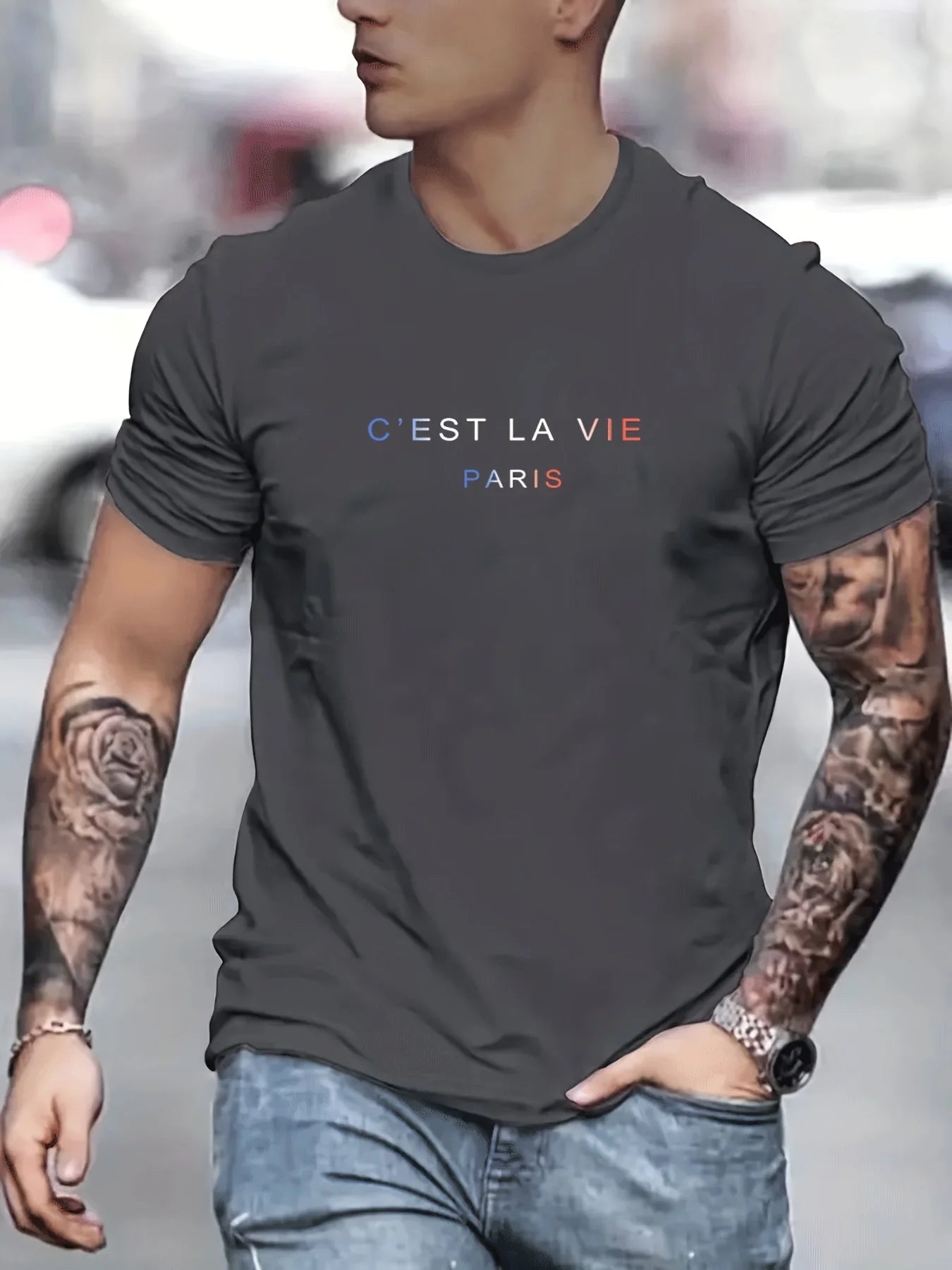 Men's summer 100% pure cotton fashionable casual loose Paris letter printed round neck short sleeved T-shirt top