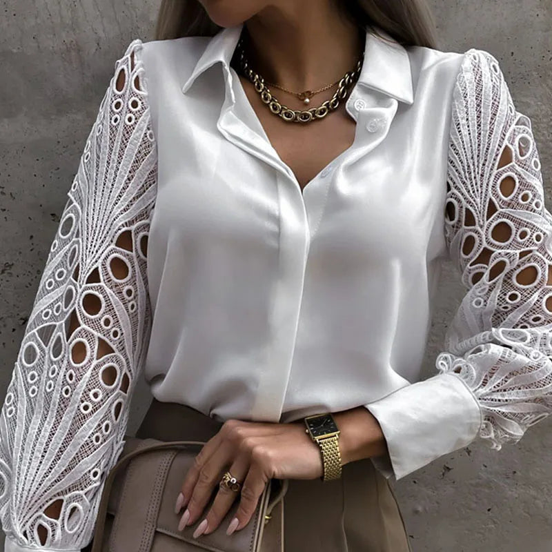 White Sexy Lace Hollow Out Women Blouse Autumn 2025 Spring Black Top Vintage Button Up Shirts Long Sleeve Mesh Design Tops 19948