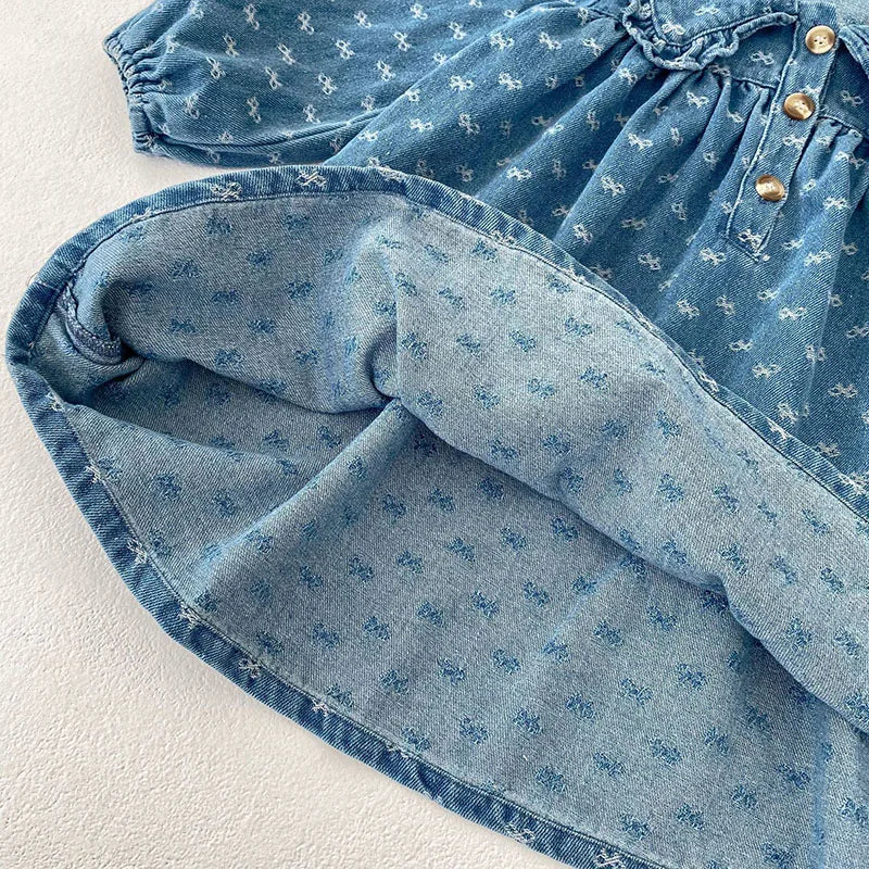 2025 New Spring Sister Clothes 0-4 Yrs Baby Girl Party Dress Baby Girl Romper Long Sleeved Denim Print Kids Princess Dresses