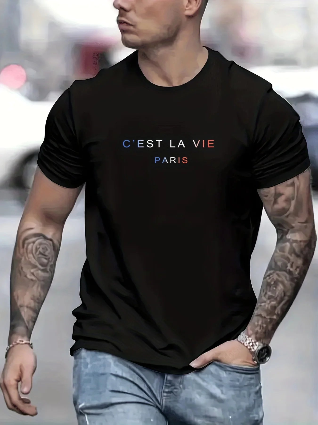 Men's summer 100% pure cotton fashionable casual loose Paris letter printed round neck short sleeved T-shirt top