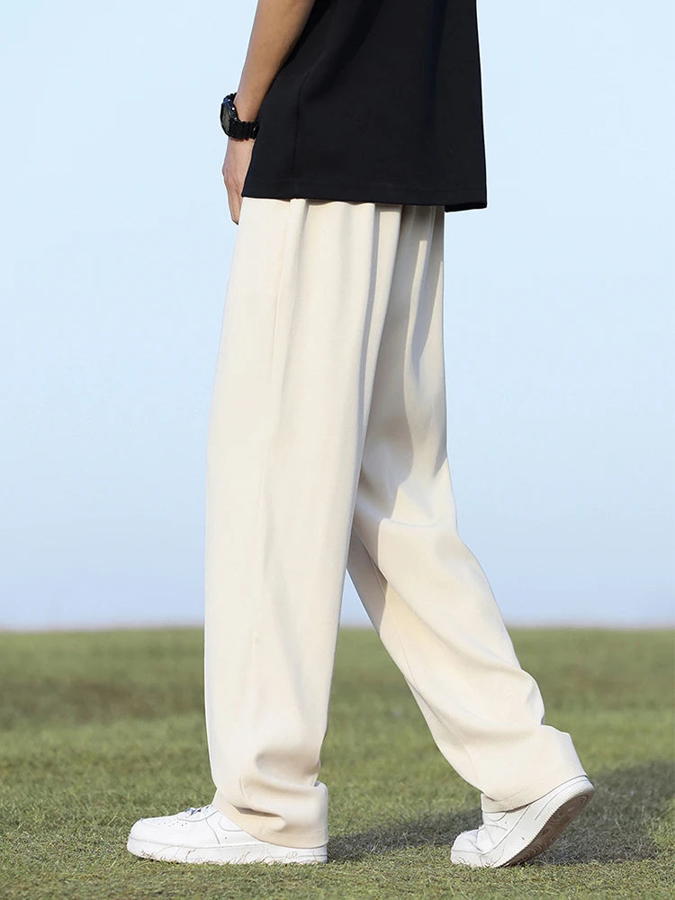 Summer Korean Men's Pants Light&Thin Polyester Elastic Waist Semi-Wide Loose Slacks Drape Suit Pants Male Casual Trousers