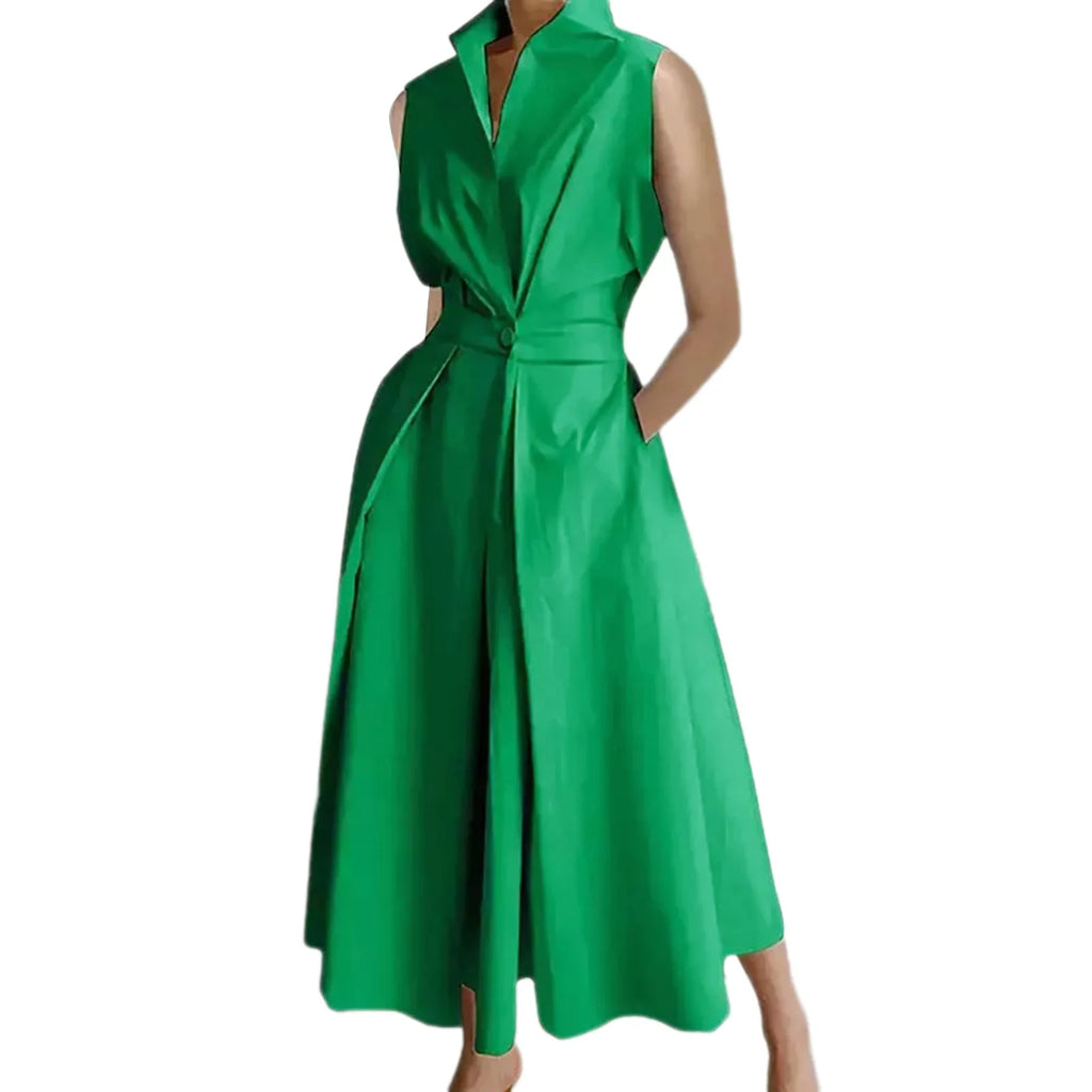Korean Summer Sleeveless Shirt Dress for Women Turn Down Collar Ruched Maxi Dress Women Button Tunic Party Holiday Dress 원피스