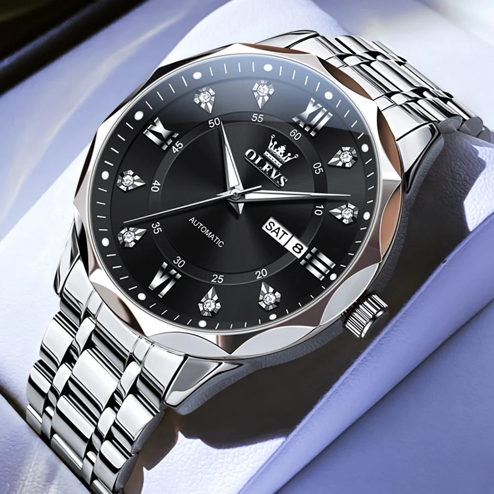 OLEVS 6727 Men's Watches Business Fashion Original Automatic Mechanical Watch for Man Grey Double Scale Waterproof Luminous Date