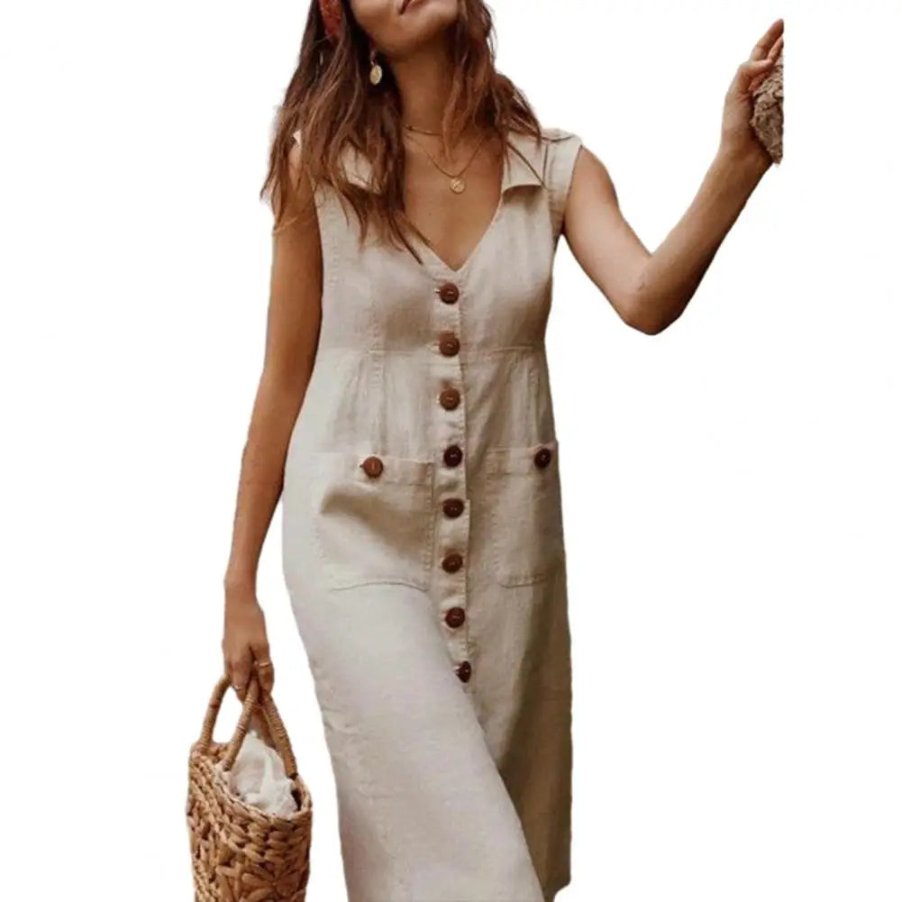 M XL Cotton Linen Tank Dress For Women 2024 Summer Casual Loose Beach Sundress Midi Skirt Female Holiday Maxi Dress Vestido Robe