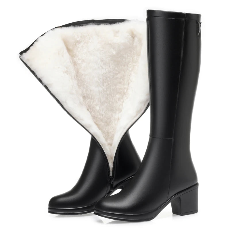 AIYUQI  Women Knight Boots Genuine Leather 2026 New Wool Warm Women Winter Boots Round Toe High Heels Fashion Women Long Boots