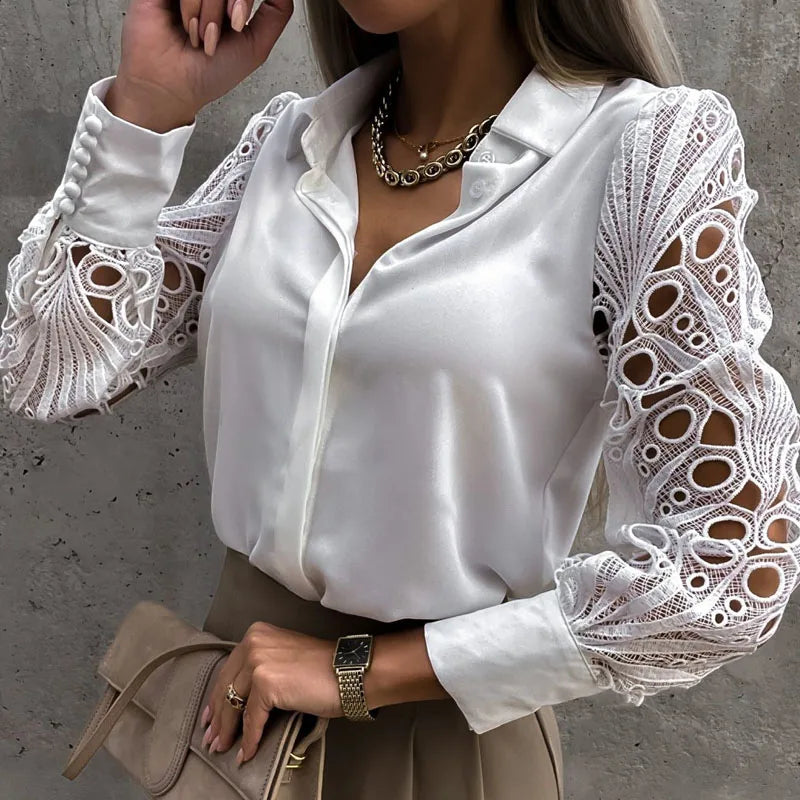 White Sexy Lace Hollow Out Women Blouse Autumn 2025 Spring Black Top Vintage Button Up Shirts Long Sleeve Mesh Design Tops 19948