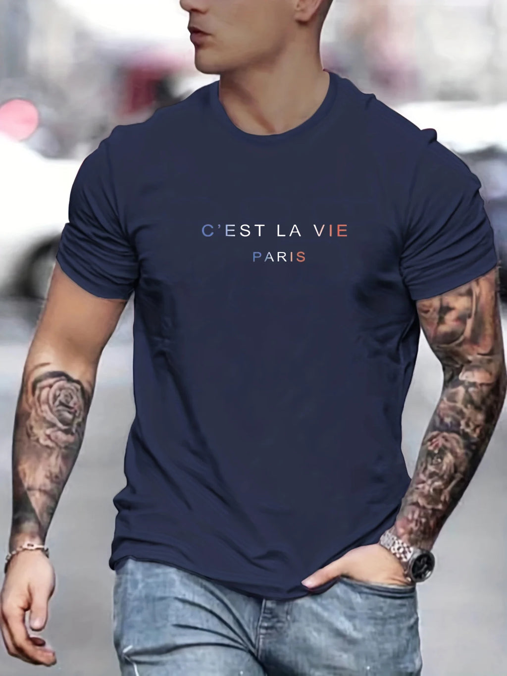 Men's summer 100% pure cotton fashionable casual loose Paris letter printed round neck short sleeved T-shirt top