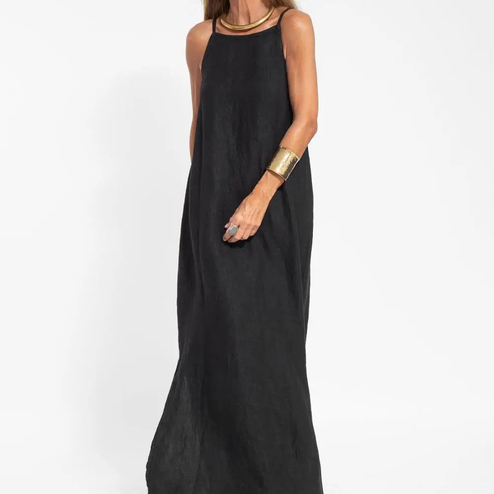 2025 Lady Strappy Maxi Dress A-line Vest Type Ankle Length Summer Beach Dress Loose Casual O Neck Side Split Summer Long Dress