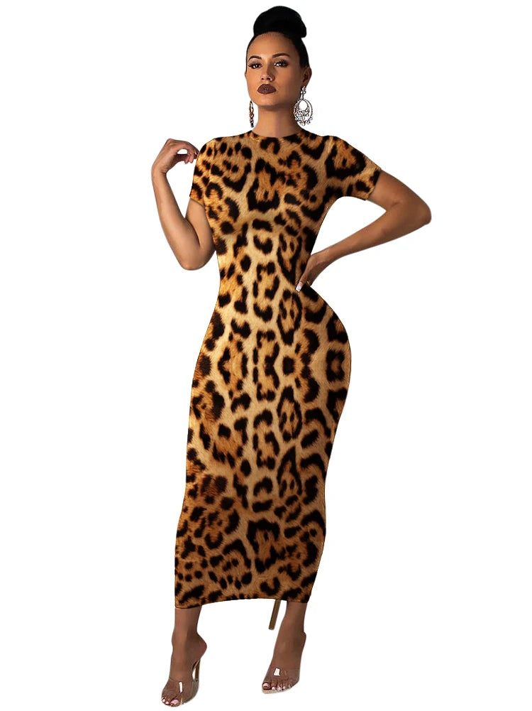 Summer Women Clothes Long Maxi Dress Short Sleeve Leopard Print Night Club Party Sexy Bandage Elegant Dresses Vestidos
